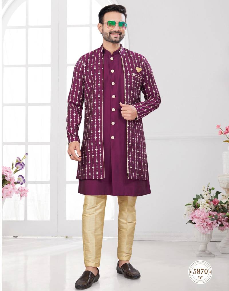 Vine embroidered indo-western sherwani set with thread, stone & fancy button work.