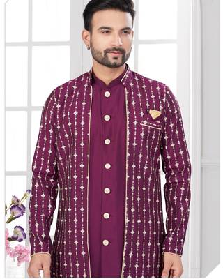 Vine embroidered indo-western sherwani set with thread, stone & fancy button work. 2