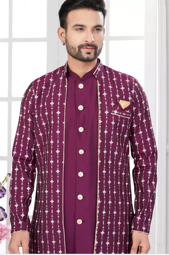 Vine embroidered indo-western sherwani set with thread, stone & fancy button work.