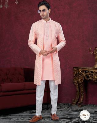 Peach embroidered indo-western sherwani set with thread, stone & fancy button work. 1