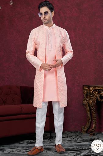 Peach embroidered indo-western sherwani set with thread, stone & fancy button work.