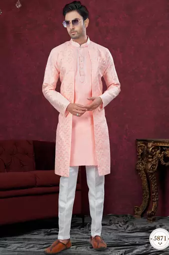 Peach embroidered indo-western sherwani set with thread, stone & fancy button work.