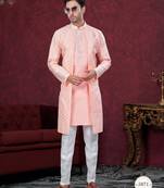 Peach embroidered indo-western sherwani set with thread, stone & fancy button work.
