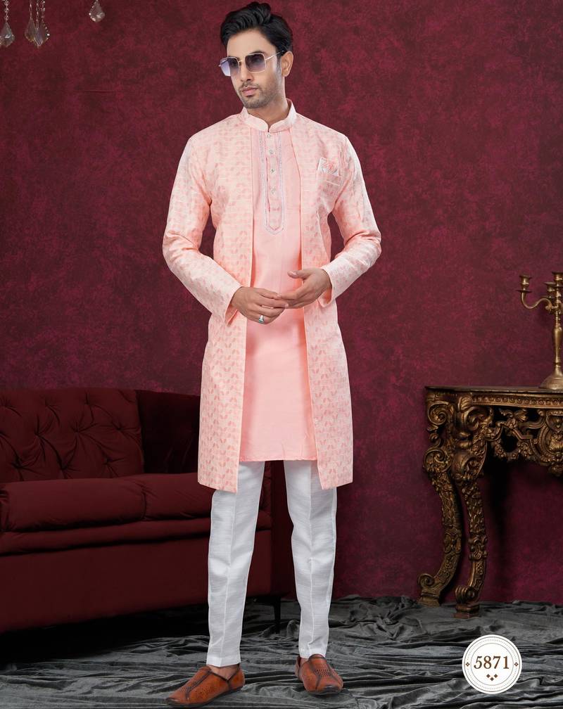 Peach embroidered indo-western sherwani set with thread, stone & fancy button work.