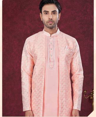 Peach embroidered indo-western sherwani set with thread, stone & fancy button work. 2