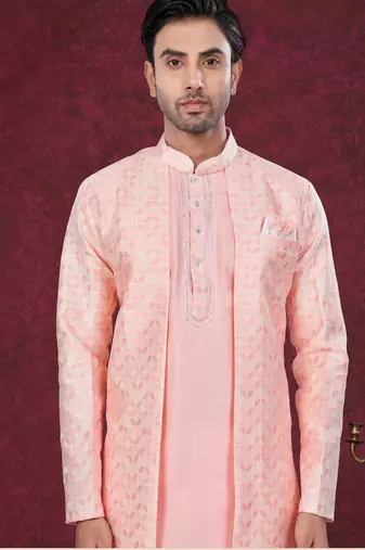 Peach embroidered indo-western sherwani set with thread, stone & fancy button work.