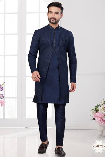 Nevy blue embroidered indo-western sherwani set with thread, stone & fancy button work.