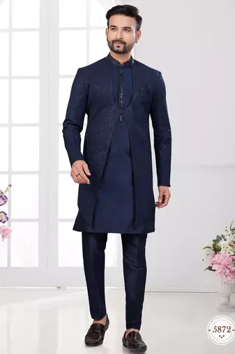 Nevy blue embroidered indo-western sherwani set with thread, stone & fancy button work.