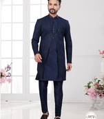 Nevy blue embroidered indo-western sherwani set with thread, stone & fancy button work.