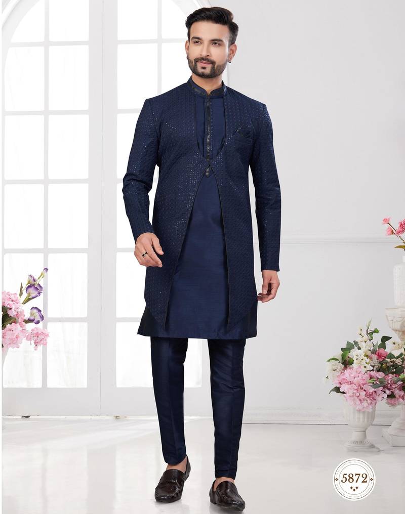 Nevy blue embroidered indo-western sherwani set with thread, stone & fancy button work.