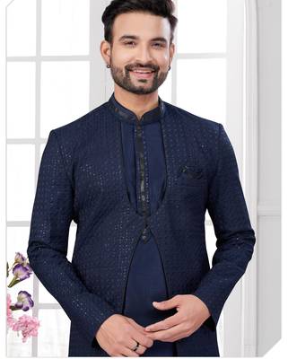 Nevy blue embroidered indo-western sherwani set with thread, stone & fancy button work. 2
