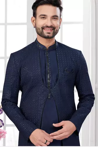 Nevy blue embroidered indo-western sherwani set with thread, stone & fancy button work.