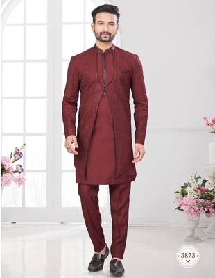Maroon embroidered jacket attached indo-western sherwani set with thread, stone & fancy button work. 1