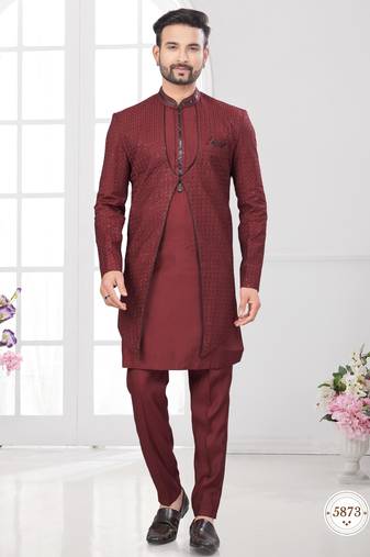Maroon embroidered jacket attached indo-western sherwani set with thread, stone & fancy button work.