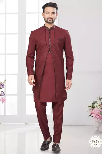 Maroon embroidered jacket attached indo-western sherwani set with thread, stone & fancy button work.