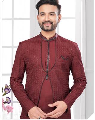 Maroon embroidered jacket attached indo-western sherwani set with thread, stone & fancy button work. 2