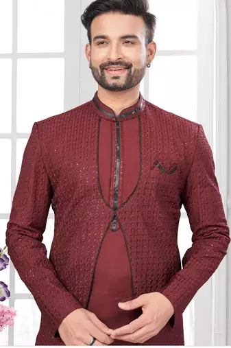 Maroon embroidered jacket attached indo-western sherwani set with thread, stone & fancy button work.