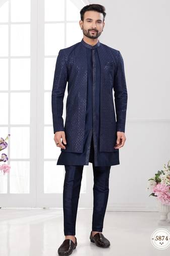 Nevy blue embroidered jacket attached indo-western sherwani set with thread, stone & fancy button work.