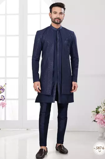 Nevy blue embroidered jacket attached indo-western sherwani set with thread, stone & fancy button work.