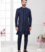 Nevy blue embroidered jacket attached indo-western sherwani set with thread, stone & fancy button work.