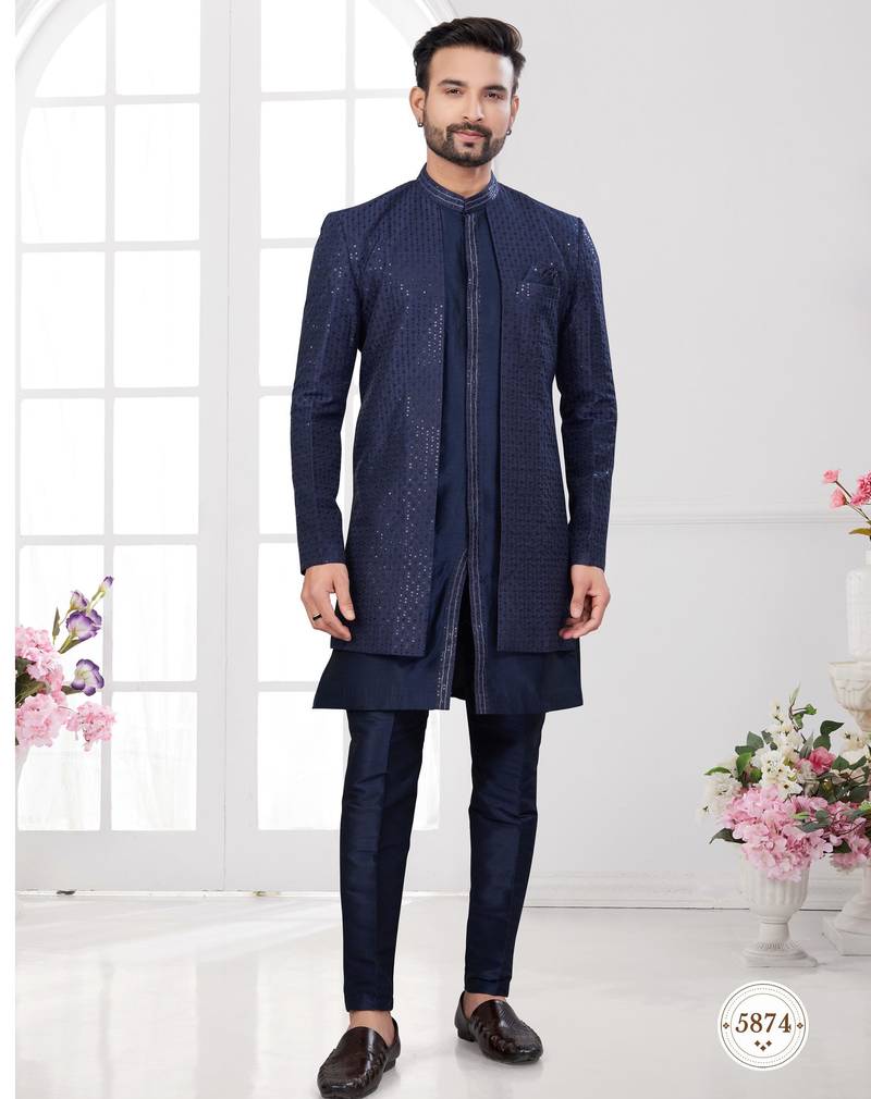 Nevy blue embroidered jacket attached indo-western sherwani set with thread, stone & fancy button work.