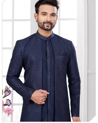 Nevy blue embroidered jacket attached indo-western sherwani set with thread, stone & fancy button work. 2