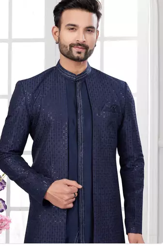 Nevy blue embroidered jacket attached indo-western sherwani set with thread, stone & fancy button work.