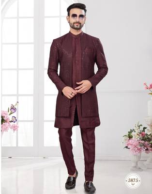 Coffee embroidered jacket attached indo-western sherwani set with thread, stone & fancy button work. 1