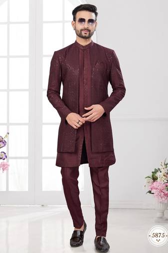 Coffee embroidered jacket attached indo-western sherwani set with thread, stone & fancy button work.