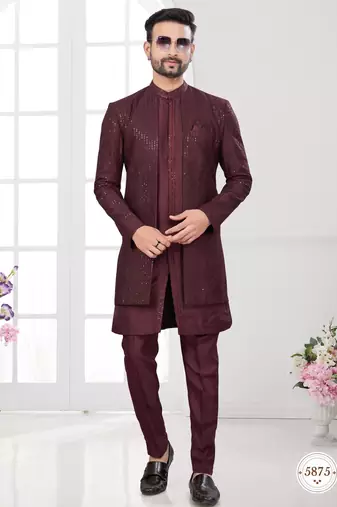 Coffee embroidered jacket attached indo-western sherwani set with thread, stone & fancy button work.