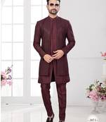 Coffee embroidered jacket attached indo-western sherwani set with thread, stone & fancy button work.