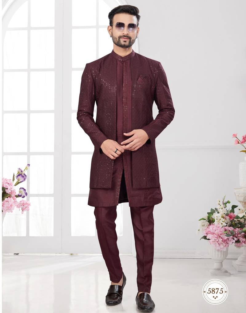 Coffee embroidered jacket attached indo-western sherwani set with thread, stone & fancy button work.