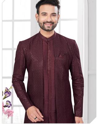 Coffee embroidered jacket attached indo-western sherwani set with thread, stone & fancy button work. 2