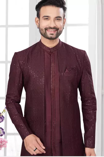 Coffee embroidered jacket attached indo-western sherwani set with thread, stone & fancy button work.