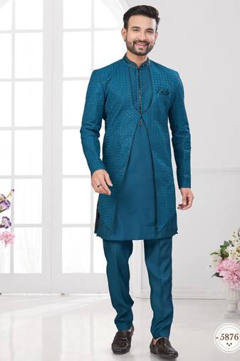 Firozi embroidered jacket attached indo-western sherwani set with thread, stone & fancy button work.