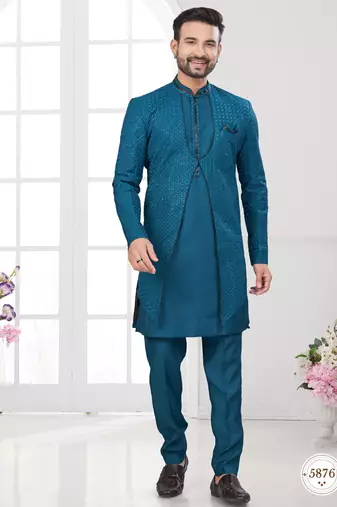 Firozi embroidered jacket attached indo-western sherwani set with thread, stone & fancy button work.