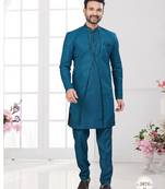 Firozi embroidered jacket attached indo-western sherwani set with thread, stone & fancy button work.
