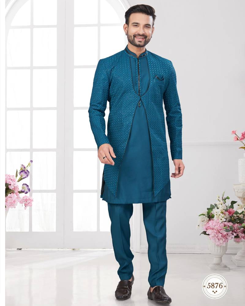 Firozi embroidered jacket attached indo-western sherwani set with thread, stone & fancy button work.