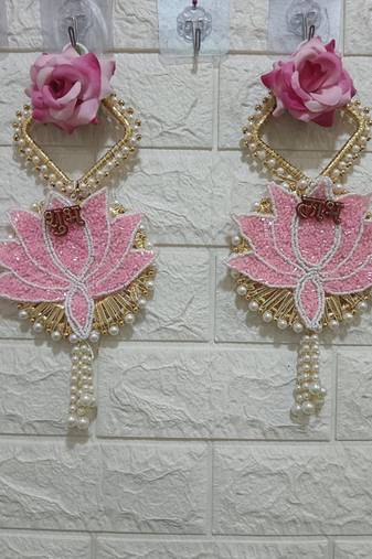 shubh labh pink lotus patch door hanging handmade beads wall hanging home decor (pack of 2)