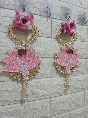 shubh labh pink lotus patch door hanging handmade beads wall hanging home decor (pack of 2) 2