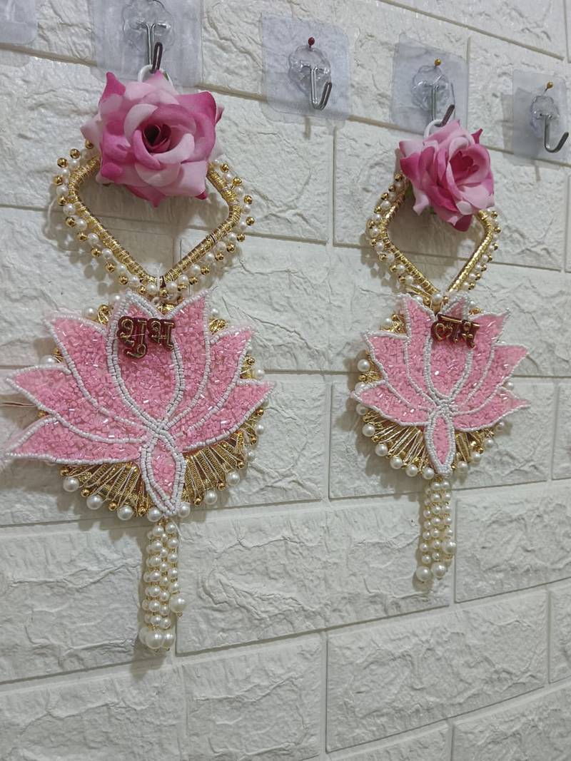 shubh labh pink lotus patch door hanging handmade beads wall hanging home decor (pack of 2)