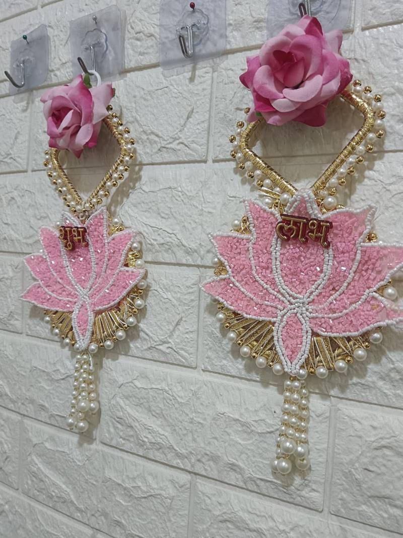 shubh labh pink lotus patch door hanging handmade beads wall hanging home decor (pack of 2)