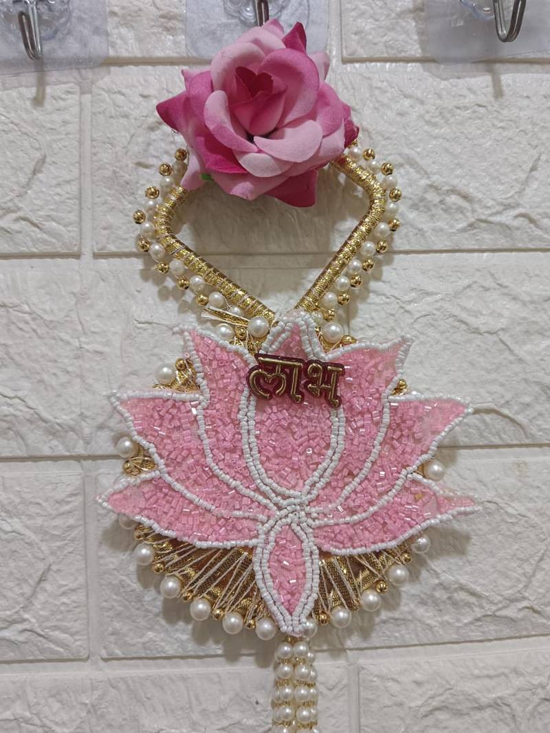 shubh labh pink lotus patch door hanging handmade beads wall hanging home decor (pack of 2)