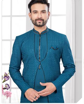 Firozi embroidered jacket attached indo-western sherwani set with thread, stone & fancy button work. 2