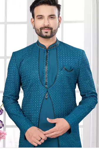 Firozi embroidered jacket attached indo-western sherwani set with thread, stone & fancy button work.