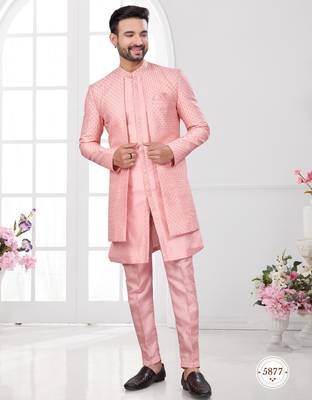 Peach embroidered jacket attached indo-western sherwani set with thread, stone & fancy button work. 1