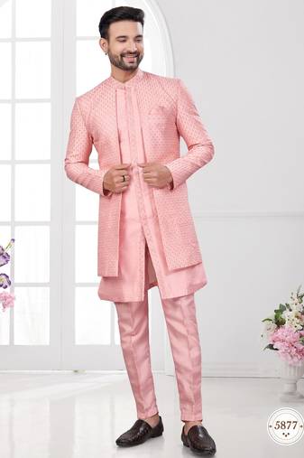 Peach embroidered jacket attached indo-western sherwani set with thread, stone & fancy button work.