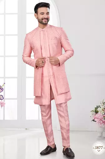 Peach embroidered jacket attached indo-western sherwani set with thread, stone & fancy button work.