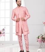 Peach embroidered jacket attached indo-western sherwani set with thread, stone & fancy button work.
