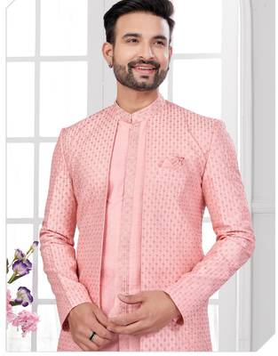Peach embroidered jacket attached indo-western sherwani set with thread, stone & fancy button work. 2